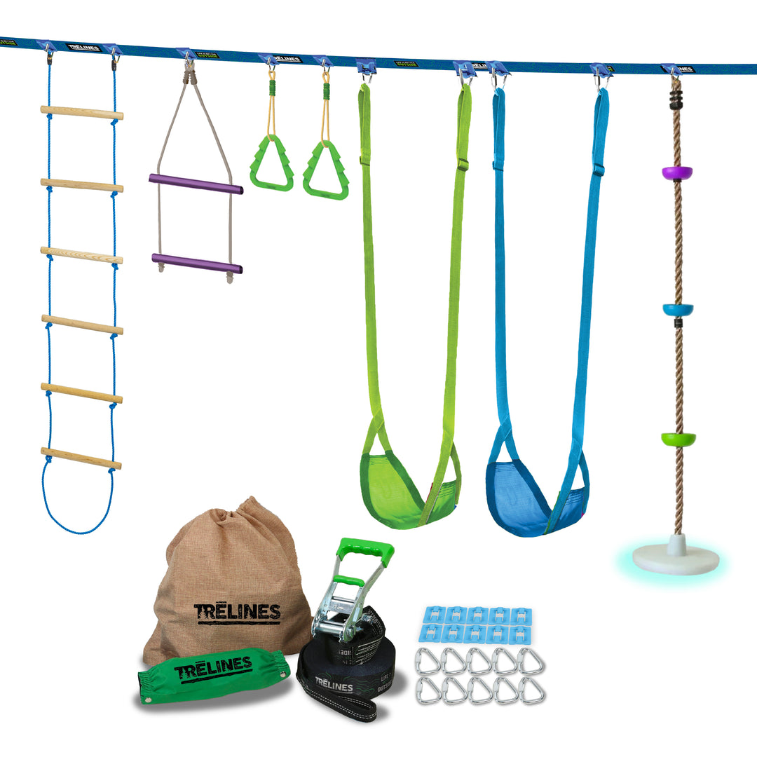 Set of playground equipment including a ladder, swings, and accessories with Trelines branding.